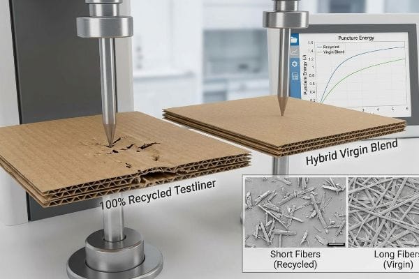 Corrugated board puncture test showing damaged 100% Recycled Testliner versus Hybrid Virgin Blend, with Puncture Energy graph and microscopic views of Short and Long Fibers.