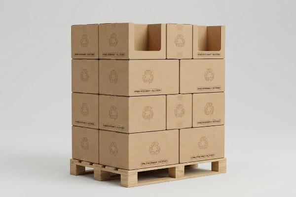 Brown corrugated boxes, some with open tops, display recycling logos and 'Spaced Recyclable Materials' text, stacked on a wooden pallet for eco-friendly shipping.