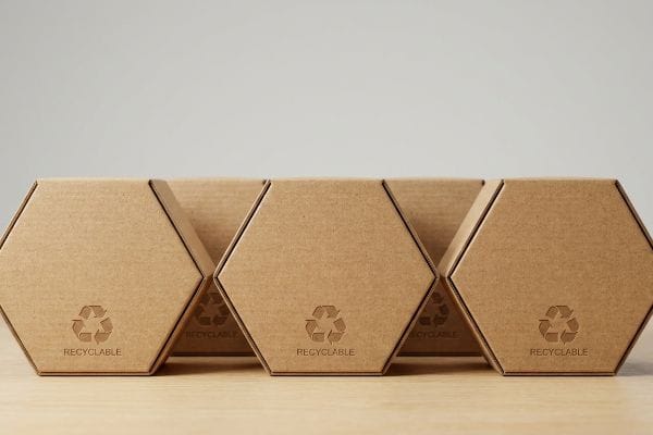 Recyclable Hexagon Boxes Five brown corrugated hexagon boxes with 'Recyclable' symbol and text, neatly aligned on a wooden surface, emphasizing sustainable packaging.