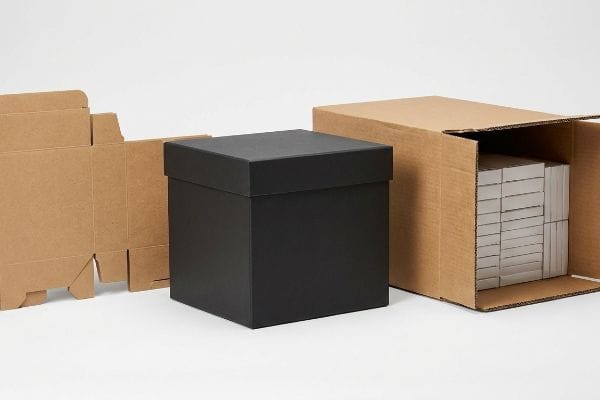 Unfolded brown corrugated cardboard, a black rigid setup box, and an open HSC corrugated container with stacked items.
