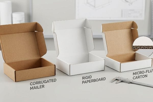 Three open mailer boxes: a Corrugated Mailer, a Rigid Paperboard box, and a Micro-Flute Carton with a caliper, showcasing packaging material types and fluting.