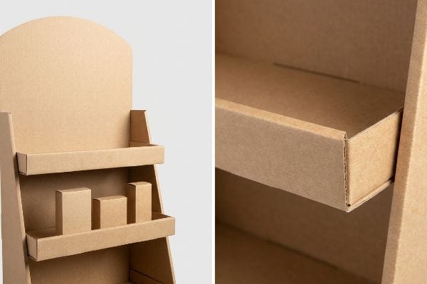 Cardboard Display Shelf Lip Corrugated cardboard display stand featuring two shelves, an arched die-cut header, and a close-up of the retaining lip detail.