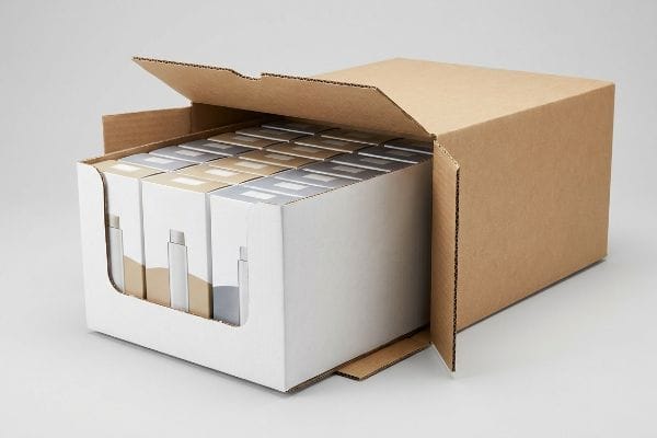 Retail Ready Shipper Display Brown corrugated shipping box, top open, revealing a white retail display tray with product boxes, for retail-ready packaging.