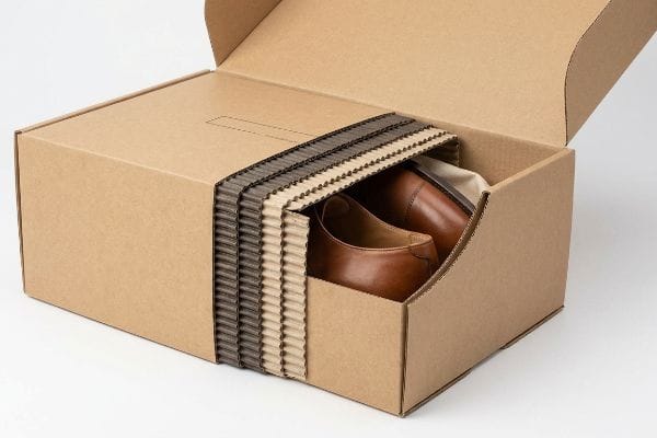 Brown corrugated cardboard box with a protective insert for shipping brown leather shoes, showcasing sustainable packaging.