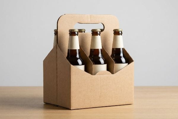 6本入りの段ボール製ビール運搬箱には、ラベルが貼られていない琥珀色のガラス瓶が6本入っており、クラフト飲料のブランディングに最適です。.