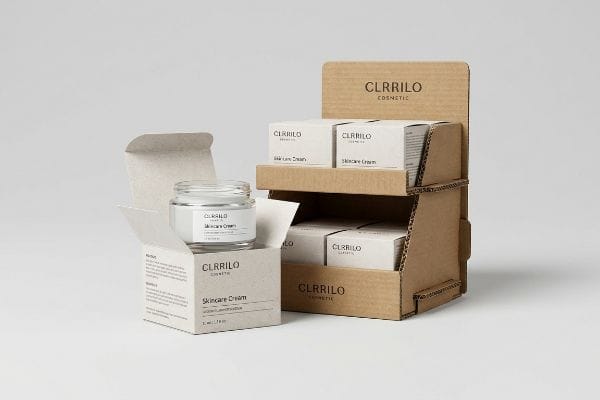 CLRRILO Skincare Cream glass jar in an open box next to a two-tier corrugated display stand with CLRRILO Cosmetic boxes.