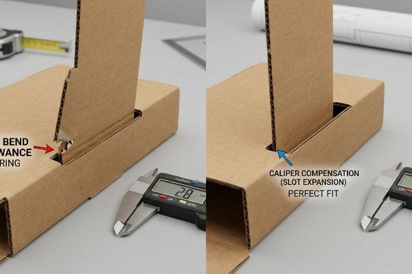Packaging Slot Fit Comparison Corrugated board comparison highlights Bend Allowance Tearing versus Caliper Compensation (Slot Expansion) Perfect Fit, with a digital caliper showing 2.8mm.