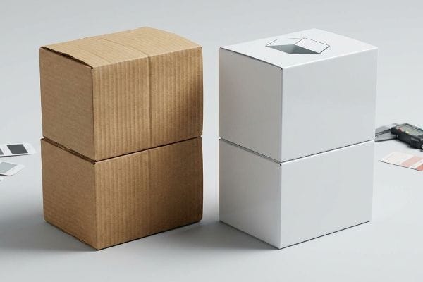 Two stacks of packaging boxes, contrasting rough corrugated cardboard with smooth white E-flute or SBS material, illustrating the washboard effect.