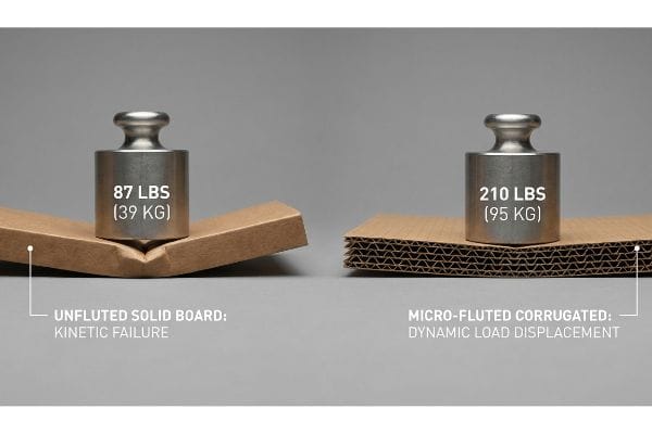 Unfluted Solid Board fails at 87 Lbs (39 Kg) with Kinetic Failure, while Micro-Fluted Corrugated shows Dynamic Load Displacement at 210 Lbs (95 Kg).