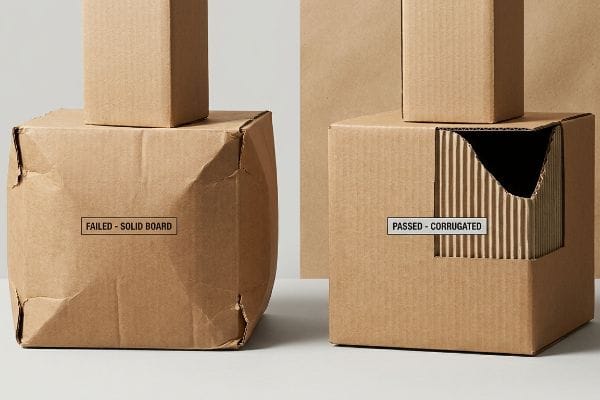 Brown cardboard boxes, a Failed Solid Board box buckled, beside a Passed Corrugated box revealing its fluted structure.