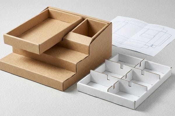 Natural kraft corrugated board stepped tier display and white modular divider tray with a dieline blueprint.