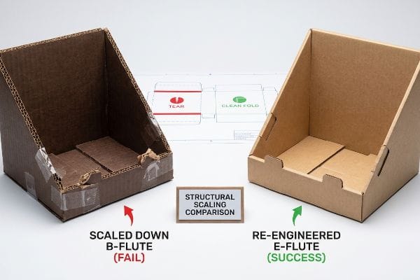 Structural Scaling Comparison Two cardboard countertop display units illustrate a Structural Scaling Comparison, featuring a failed Scaled Down B-Flute with tears and tape, contrasted with a successful Re-Engineered E-Flute, against a blueprint showing Tear and Clean Fold.