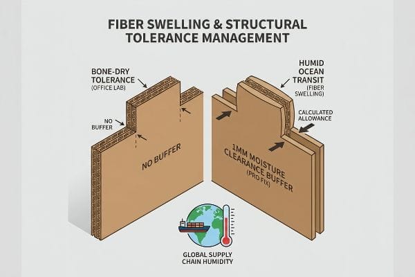 Fiber Swelling Tolerance Corrugated board cross-sections show Fiber Swelling & Structural Tolerance Management, contrasting Bone-Dry Tolerance (No Buffer) with Humid Ocean Transit (1mm Moisture Clearance Buffer) for global supply chain humidity.