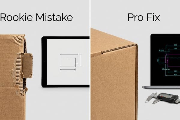Dieline Rookie Pro Fix Torn corrugated cardboard interlocking tab and basic dieline contrasted with a smooth box corner, precise CAD dieline, and digital caliper, demonstrating bend allowance.