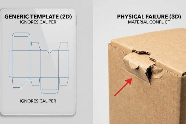 Template Caliper Failure Generic Template (2D) ignoring caliper contrasted with Physical Failure (3D) of corrugated box, torn tab from material conflict.