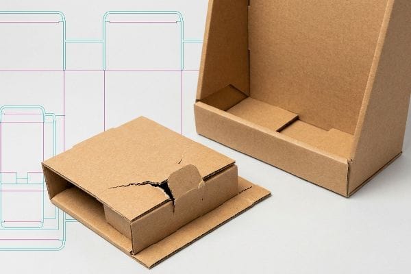 Corrugated Dieline Folding Failure Brown corrugated cardboard box with a snapped tab from tight fold radius, next to an empty display and a dieline.