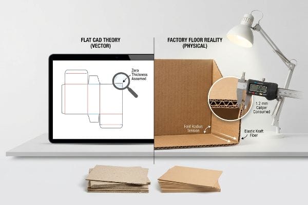 Verpackungstheorie vs. Realität Vergleich der Wellpappkartonkonstruktion: Die Flat CAD Theory (Vektor) geht von einer Dicke von null aus, während die Factory Floor Reality (Physical) einen Dickenverbrauch von 1,2 mm aufgrund der Spannung des Faltradius und der elastischen Kraftfaser aufzeigt.