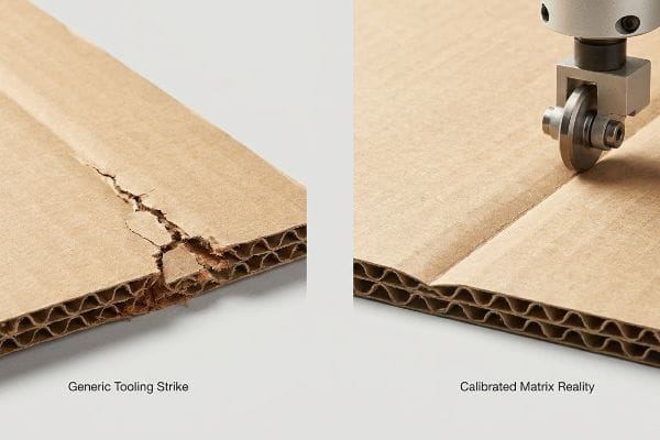 Cracked corrugated cardboard from Generic Tooling Strike versus a clean, precise fold from Calibrated Matrix Reality tooling, highlighting fiber integrity.
