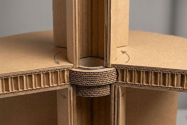 Estrutura de papelão ondulado com um rolamento de esferas central e uma espinha dorsal de parede dupla, ilustrando um cubo de torque rotacional para displays VM cinéticos.