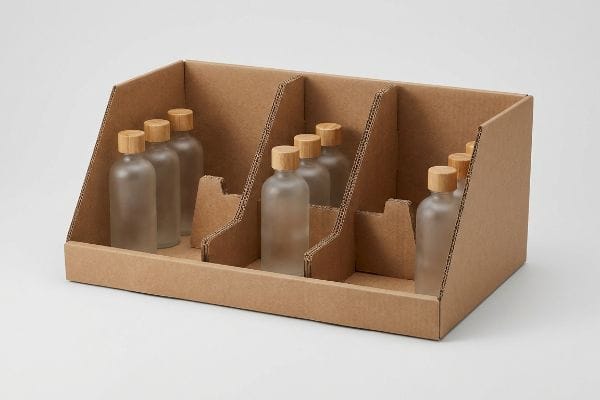 Divisórias modulares para bandejas de papelão ondulado Bandeja expositora de papelão ondulado marrom com divisórias modulares para acomodar garrafas de vidro fosco com tampas de madeira.