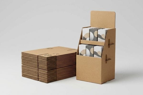 A two-tier corrugated display box filled with branded products next to flat-packed corrugated boxes, for retail merchandising and international shipping.