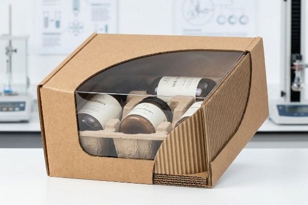 Brown corrugated subscription box featuring a clear window, securing four fragile wellness products in dark bottles and jars within a molded pulp insert.