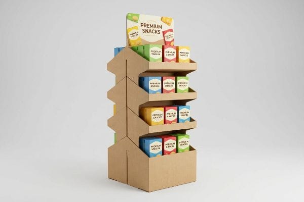 自然な茶色の段ボール製エンドキャップディスプレイ。多段式の斜め棚にはカラフルな「プレミアムスナック」ボックスとヘッダーが並んでいます。.
