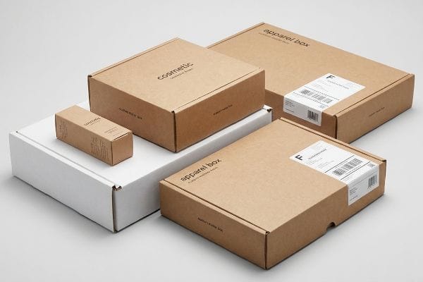 郵送用ボックスのサイズ各種 「化粧品用ボックス」や「アパレル用ボックス」などのデザインを含む、様々なクラフト紙製および白色の郵送用ボックスに配送ラベルを貼付することで、多様なパッケージサイズを紹介しています。.