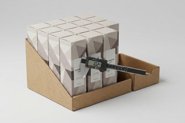 Digitale Messschiebermessung an einer Cosmetic Luxe-Box mit geometrischen Mustern, Anzeige 10,2 mm, in einer braunen Pappverpackung.