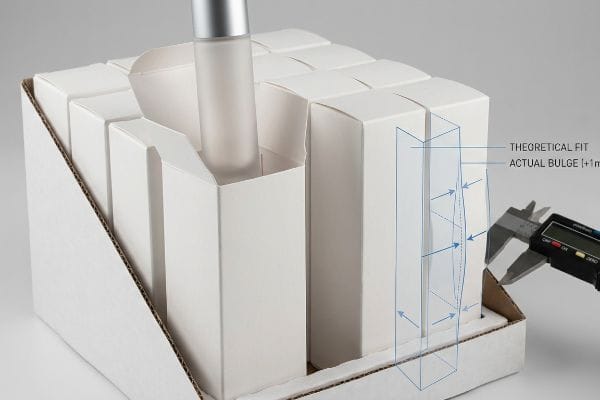 White cosmetic boxes in a retail tray, showing a digital caliper measuring the Actual Bulge (+1mm) versus Theoretical Fit, illustrating paperboard bowing.