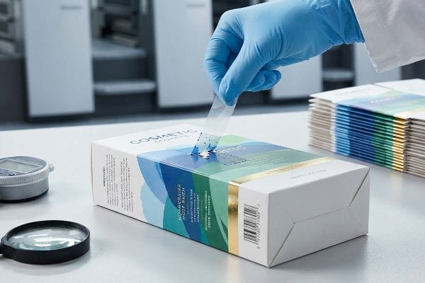 Clear protective film peeled from a white 'Cosmetic' box with blue, green, and gold foil accents by a gloved hand, showing print adhesion.