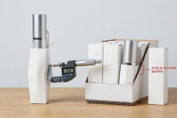 Digital micrometer measures a cosmetic cylinder's 0.08-inch bulge in a paperboard box, highlighting a 0.125-inch (3.17 mm) buffer in a retail tray.