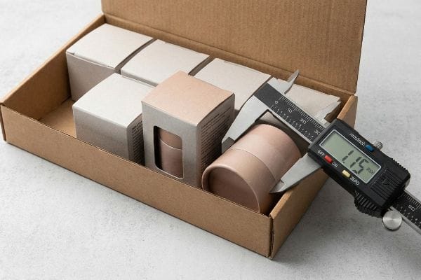 Cosmetic Cylinder Measurement Digital caliper measuring a light brown cosmetic cylinder at 1.15 inches, demonstrating packaging dimensions within a brown cardboard tray of small boxes.