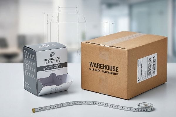Packaging Size Comparison Pharmaco Essentials cosmetic dispenser carton and a Warehouse Club Pack bulk shipping box with a measuring tape, illustrating packaging dimensions.