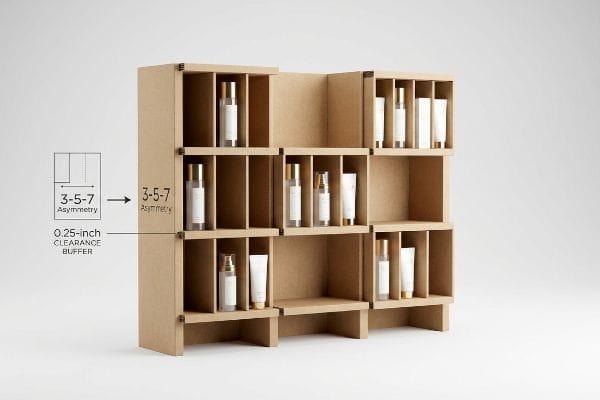 Cosmetic Display Asymmetry Light brown modular cardboard display unit featuring the 3-5-7 Asymmetry rule and 0.25-Inch Clearance Buffer for cosmetic products.
