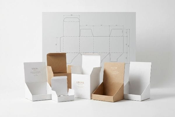 Verschiedene weiße und Kraftpapier-Kosmetikdisplayboxen mit Stanzliniendiagramm für Einzelhandelsverpackungen.