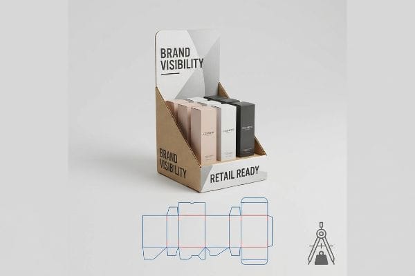 Cardboard Cosmetic Display Mockup A retail-ready corrugated cardboard display showcases Cosmetic product boxes in pink, white, and black, with a die-cut template below, emphasizing Brand Visibility.
