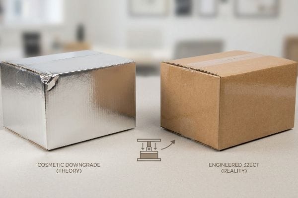 Shiny silver foil box, labeled 'Cosmetic Downgrade (Theory)', contrasts with a brown 'Engineered 32ECT (Reality)' corrugated box, illustrating packaging strength.