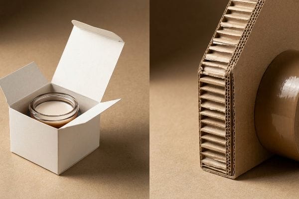 Cosmetic Folding Carton Light beige folding carton box, open, containing a glass jar of cream, for cosmetic packaging.
