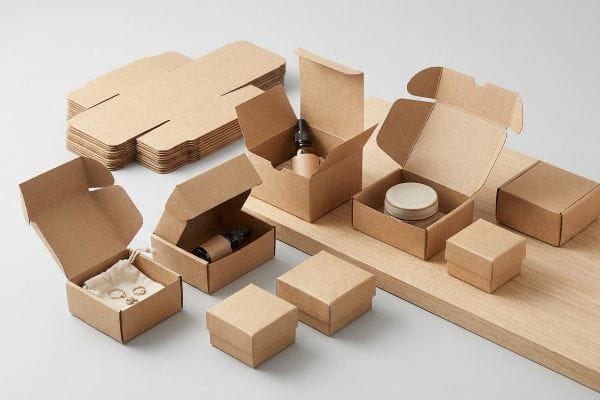 A collection of brown kraft paper boxes, some flat and others assembled, display various small products like cosmetics, essential oils, and jewelry on a light wooden surface.