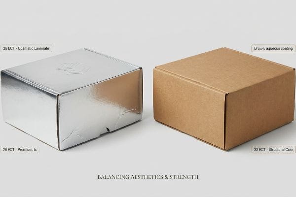 A shiny silver 26 ECT Cosmetic Laminate box (Premium.ls) contrasts with a matte brown 32 ECT Structural Core box (aqueous coating), balancing aesthetics and strength.