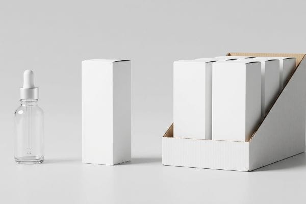 Clear glass dropper bottle, a single white SBS carton, and a micro-flute corrugated countertop display tray filled with cosmetic boxes.