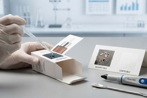 Cosmetic Packaging Dyne Test White-gloved hands perform a Dyne Test, dropping liquid onto a cosmetic packaging box, with examples of Incompatible and Compatible surfaces.