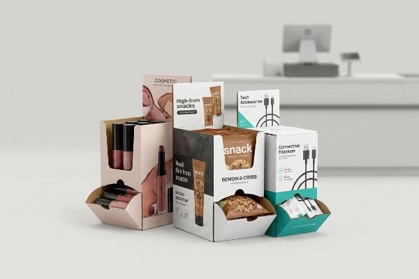 Corrugated Counter Displays Driving impulse sales, three corrugated counter display boxes showcase Cosmetics, High-from Snacks, and Connective Takers tech accessories.