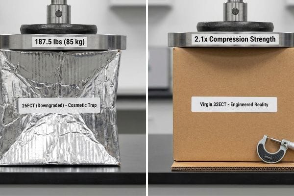 26ECT (Downgraded) cosmetic trap fails at 187.5 lbs (85 kg) versus Virgin 32ECT engineered reality with 2.1x strength.