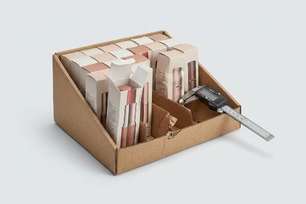 茶色の段ボール製ディスプレイトレイに、薄ピンク色の口紅の箱が1つ（1つは開いた状態）が置かれている。デジタルノギスで微調整のための寸法を測定した。.