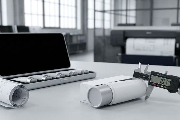 Caliper Measures Cosmetic Tube Digital caliper precisely measuring a white cosmetic tube to 1.01 mm for packaging tolerance.