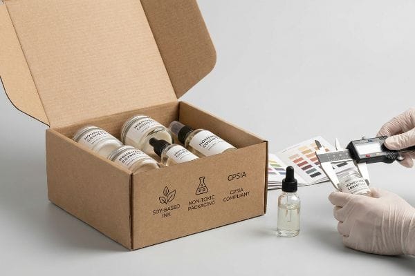 Packaging Compliance Measurement Brown box with 'Soy-Based Ink', 'Non-Toxic Packaging', 'CPSIA Compliant' labels, containing 'Homemade Cosmetics' bottles, as gloved hands measure a bottle with a digital caliper.