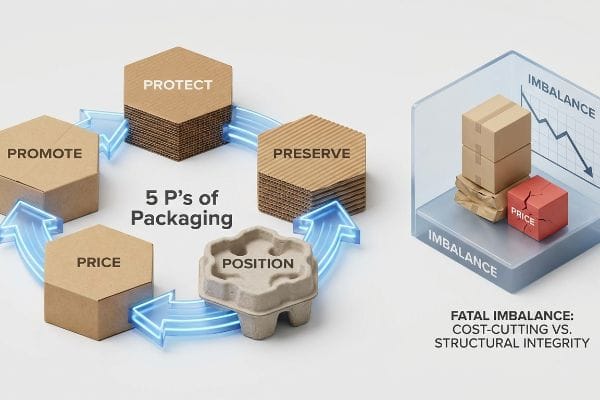 5 P's Packaging Imbalance Corrugated hexagons depict the 5 P's of Packaging: Protect, Preserve, Position, Price, Promote. A transparent cube shows 'Fatal Imbalance: Cost-Cutting Vs. Structural Integrity' with a cracked Price box.