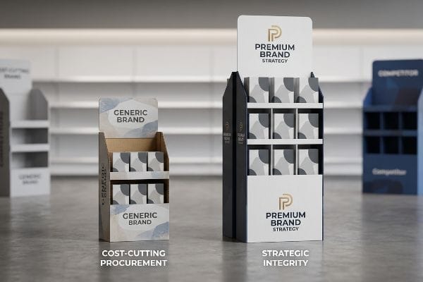 Comparaison des stratégies de marque Présentoir en carton ondulé « Marque générique » pour « Réduction des coûts d'approvisionnement » à côté d'un présentoir de vente au détail « Stratégie de marque premium » pour « Intégrité stratégique ».